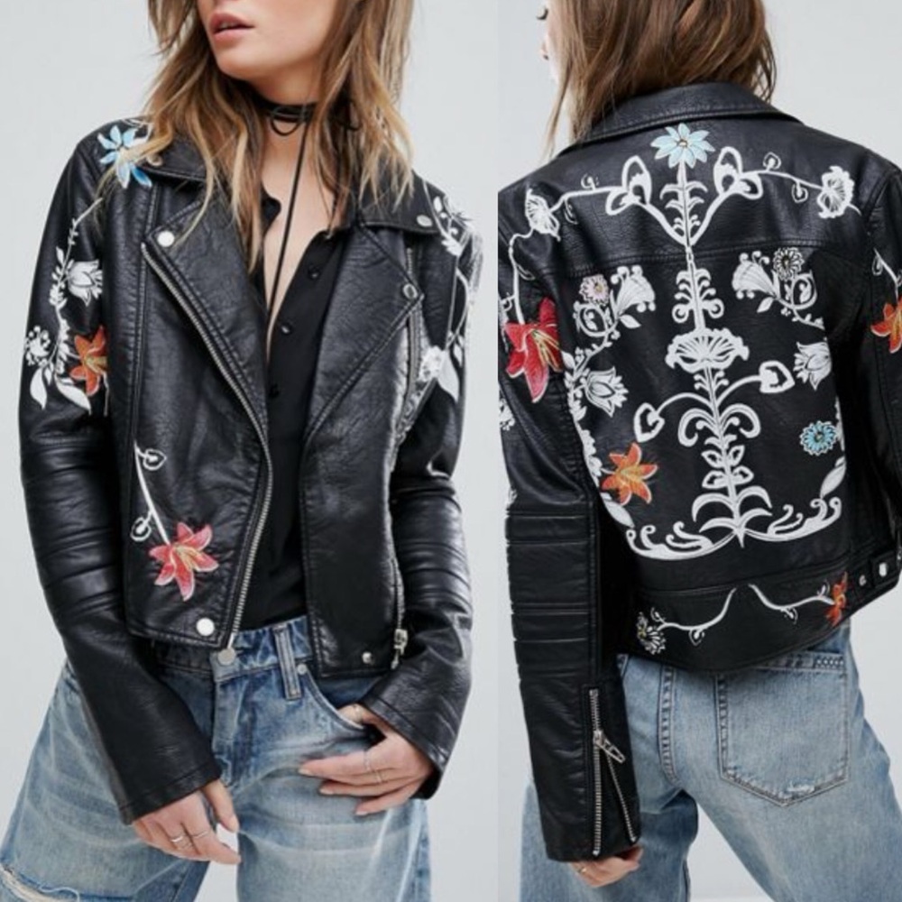 Blank NYC “Secret Keeper” Faux Leather Embroidered Painted Jacket in Black- XS